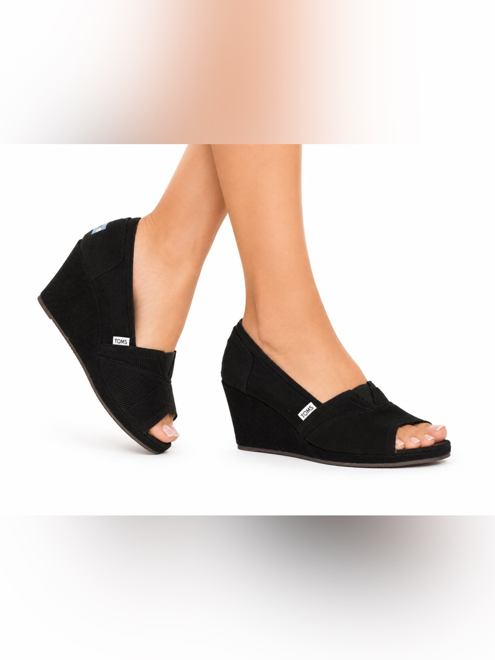 TOMS Size 8 Women’s‎ Black Peep-Toe Corduroy Wedges